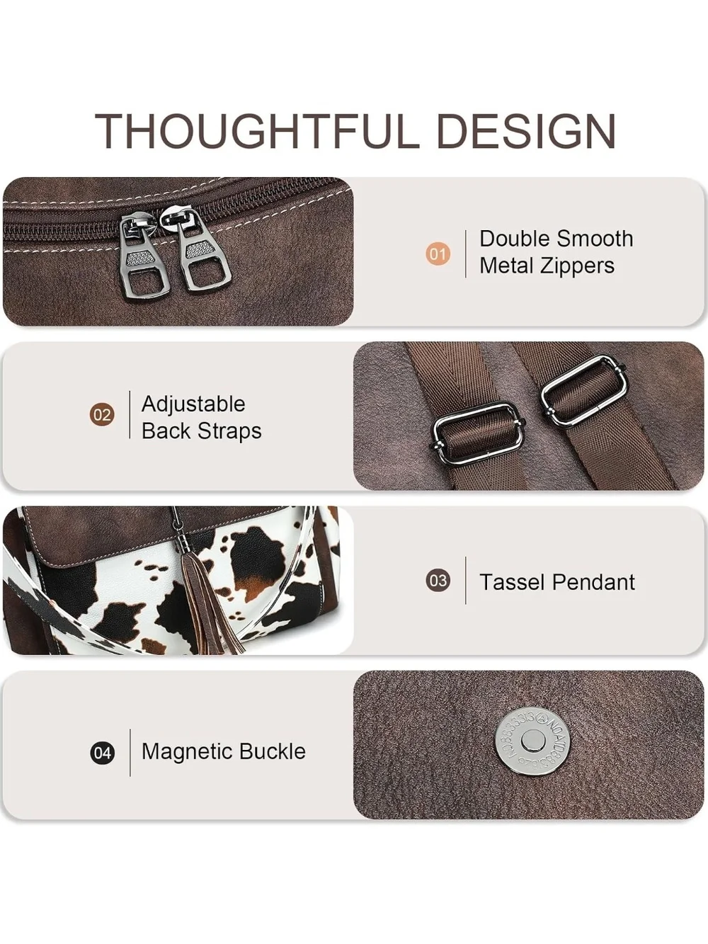 Brown Leather Backpack with Cowhide Print Accent